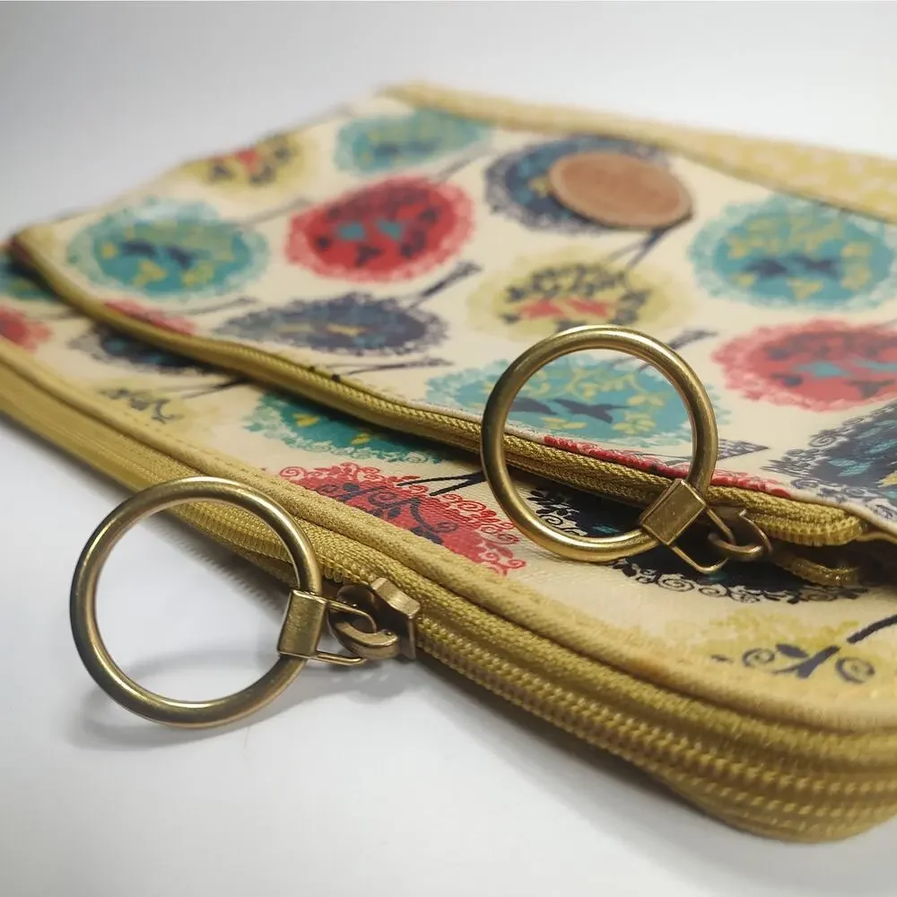 Fossil Tablet Case Bag Trees Birds Pattern PVC Coated Zippered Brass Accents